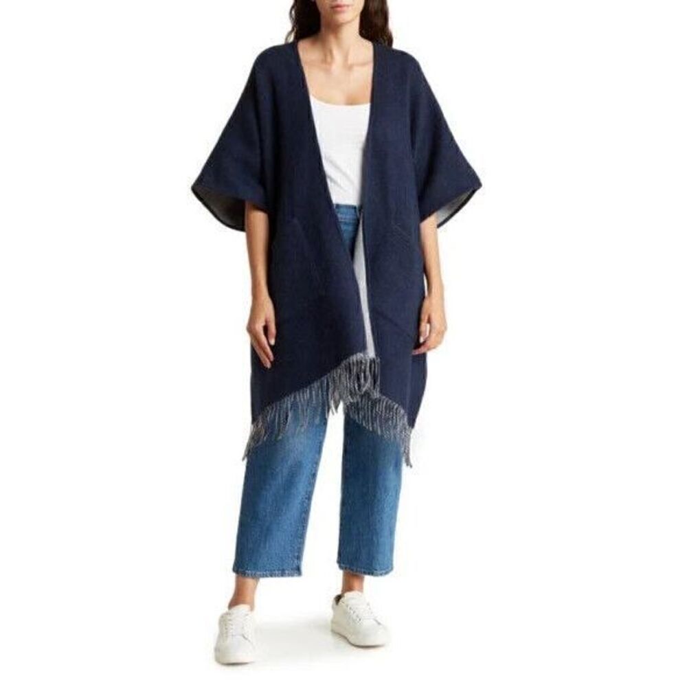 New Nordstrom Reversible Pocket Wool & Cashmere Ruana Wrap One size Navy/Gray